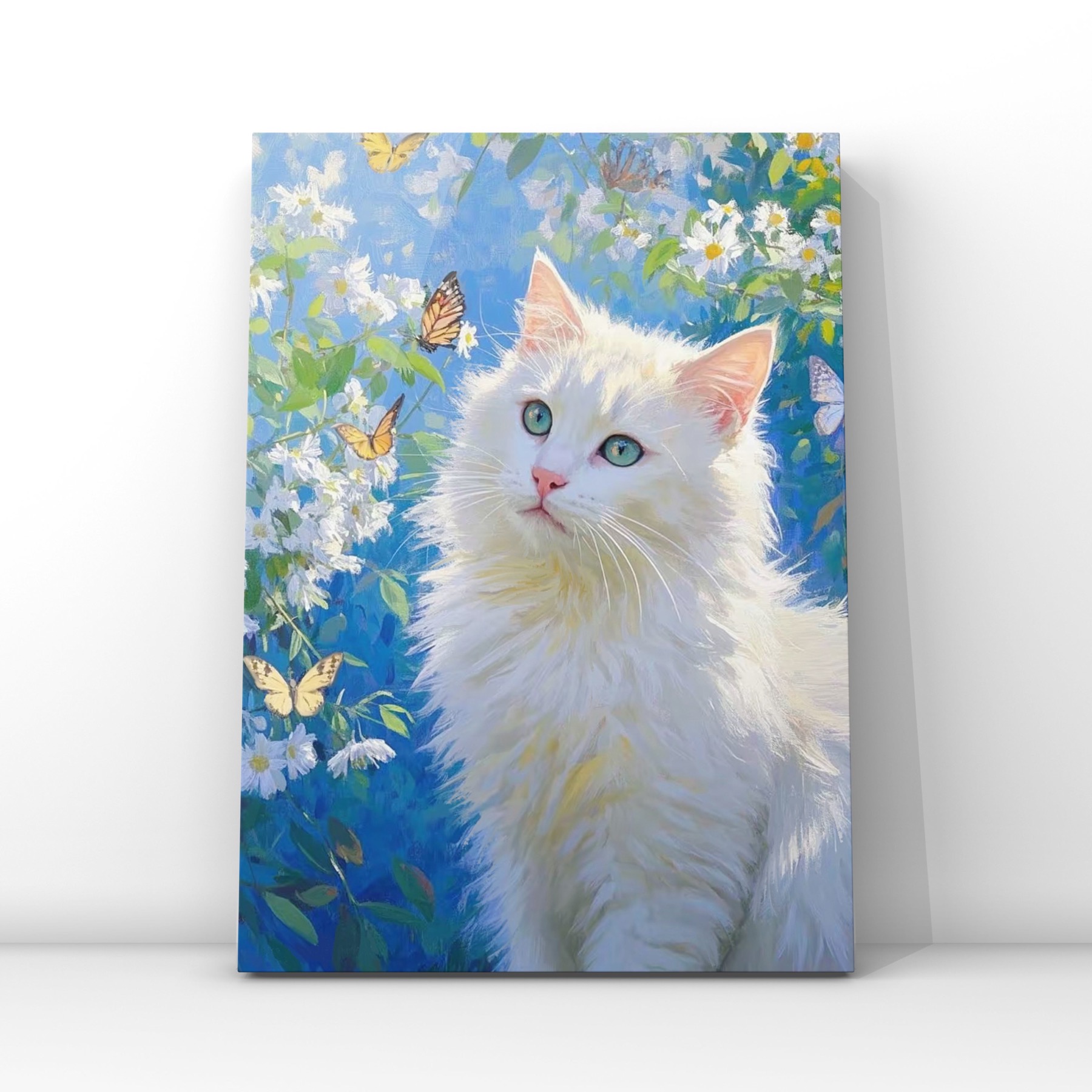 White cat among white flowers and butterflies against a blue background